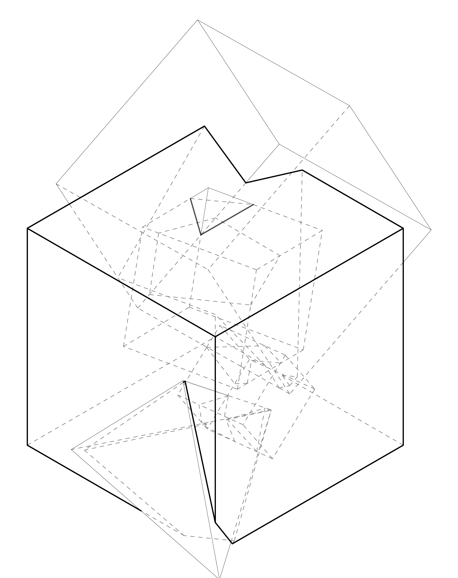 Abstract parallel study drawing showing layered architectural volumes and dashed construction lines