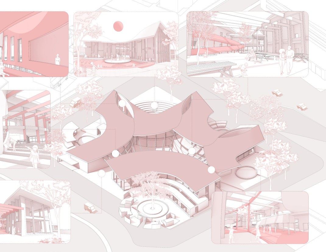 Convergence school perspective collage and architectural overview